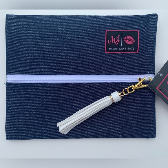 Makeup Junkie Bags Nwt Small Makeup Junkie Bag Denim Wwhite Zipper